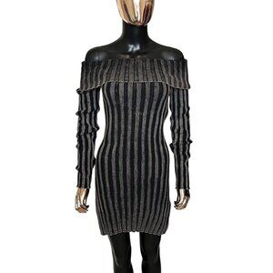 Zara Off Shoulder Ribbed Knit Dress Black Gray Medium